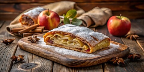 Wall Mural - A slice of apple strudel dusted with powdered sugar on a wooden cutting board surrounded by cinnamon sticks, star anise, and fresh apples.