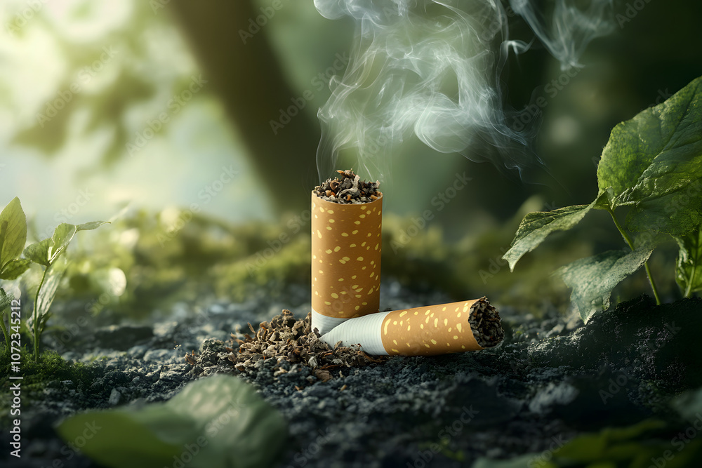 Cigarette butts burning with smoke in the woods, symbolizing ...