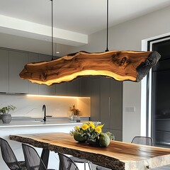 Canvas Print - A wooden log serves as a ceiling light in a modern kitchen with a wood table and chairs.