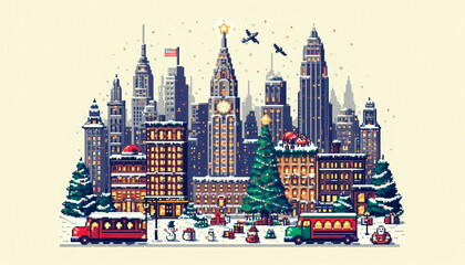 christmas themed 8bit pixel art illustration of a city