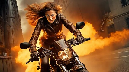 Wall Mural - Action shot with woman on the bike riding away from fire and explosion. Dynamic scene in action movie blockbuster style