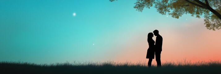 A couple is kissing in the grass under a tree. The sky is blue and the stars are visible