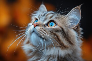 Wall Mural - Close-up Portrait of a Cat with Blue Eyes Looking Up