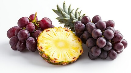 Poster - Pineapple Slice and Grapes on a White Background