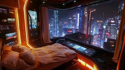 Stylish skyscraper interior with glass windows overlooking a vibrant cyberpunk city at night