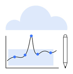 Graph with fluctuating line plot cloud symbol pen at side. Ideal for data visualization, analytics, cloud computing, technology, business strategy, innovation, creativity. Line metaphor