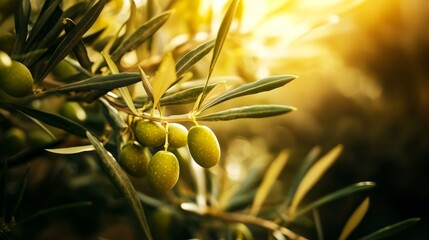 green olives hanging on olive tree, close up photo