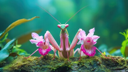 Wall Mural - A Praying Mantis Blends with Pink Orchids