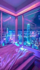 Wall Mural - Stunning skyscraper room with chic bed overlooking a neon lit cyberpunk cityscape at night