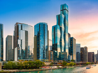 Fototapete - Chicago, Illinois skyline at sunset. Chicago is the most populous city in the U.S. state of Illinois and in the Midwestern United States.