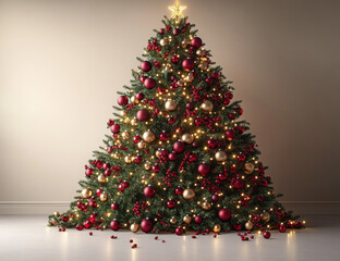 festive christmas tree with ornaments and lights on transparent background