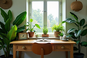 Wall Mural - Large indoor plants surrounding a wooden desk with eco friendly decor