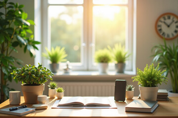 Wall Mural - Desk in a sunny room with plants and eco friendly office supplies