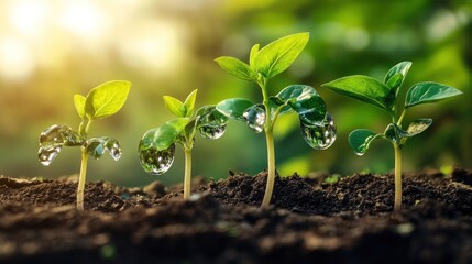 Poster - Four Small Seedlings Emerging from the Soil with Water Droplets