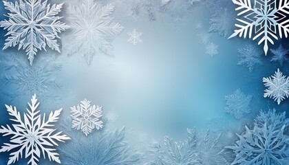 Wall Mural - Snowflakes of different sizes and shapes creating a winter frame on a light blue background with a brighter central area. Christmas template.