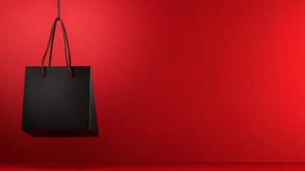 Wall Mural - black blank shopping bag on the left side of the red background. free space for black friday sales