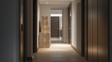 Sticker - A hallway with a stack of boxes in the middle