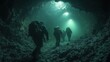 © Hestutiningsih - Divers exploring a dark underwater cave with ethereal lighting.