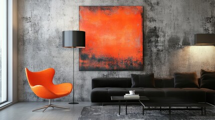 Modern living room with vibrant orange accents and minimalist design elements.