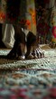 © Yuliia - A pair of weathered feet standing on a textured rug, partially covered by a colorful, floral-patterned garment, evoking warmth, culture, and a sense of home.