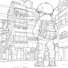 Wall Mural - A character exploring a futuristic neon city, anime coloring page for kids, simple outline illustration. Coloring book, simple lines.