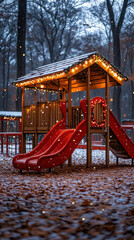 Sticker - cozy school building adorned with Christmas lights and decorations, surrounded by a snowy playground, ideal for a festive smartphone wallpaper