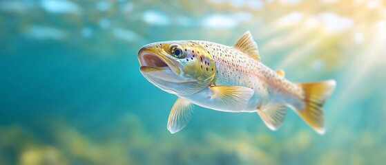 Wall Mural - A brown trout swimming in the water with its mouth open