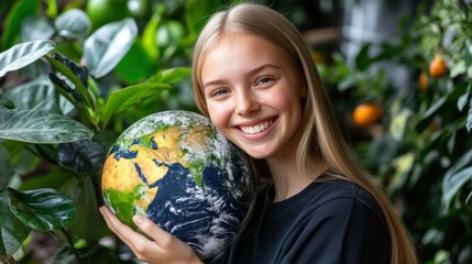 A girl beams with joy as she embraces a globe, surrounded by thriving greenery and fruits in a bright greenhouse filled with natural light