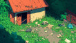 © Album Art Vibes - A comics anime shed surrounded by overgrown grass and scattered debris in a secluded rural area. Generative AI
