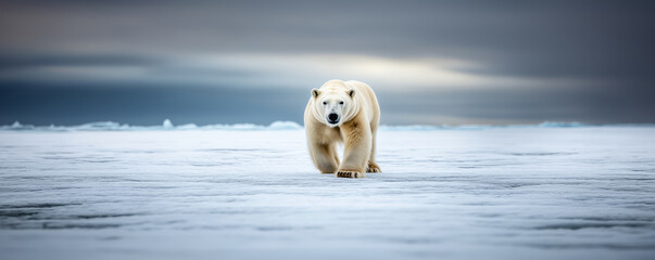Wall Mural - majestic male polar bear striding across the icy arctic sea under a striking cloudy sky