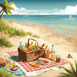 Picnic wicker basket with food on wood table on the beach with blue sky background and sun. Picnic concept. Horizontal composition. Checkered blanket with picnic basket and products on sunny beach. 