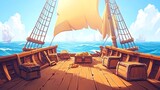 Pirate ship deck with treasure chests cannons and torn sails sunny sea backdrop playful cartoon style