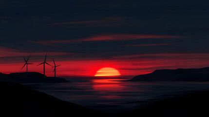 Wall Mural - A dramatic red sunset over a landscape with wind turbines.