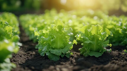 Close-up of lush green lettuce plants growing in a field with sunlight shining through.