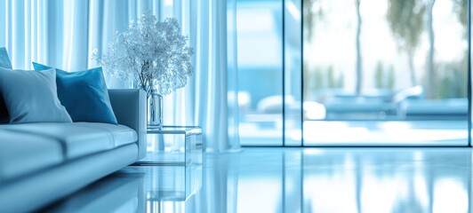 A banner for a real estate advertisement, featuring a clean, professional layout with blue and white tones, highlighting a luxurious property in the background
