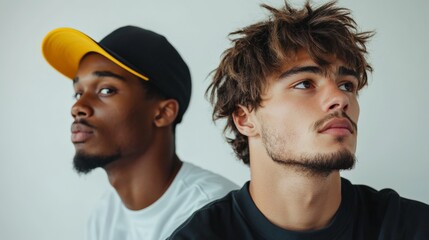 a close-up of two men indoors, sporting casual attire and confident expressions. one wears a cap, th