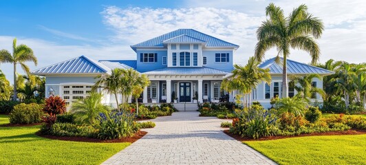 A banner for a real estate advertisement, featuring a clean, professional layout with blue and white tones, highlighting a luxurious property in the background