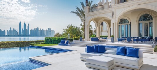 A banner for a real estate advertisement, featuring a clean, professional layout with blue and white tones, highlighting a luxurious property in the background