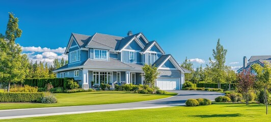 A banner for a real estate advertisement, featuring a clean, professional layout with blue and white tones, highlighting a luxurious property in the background