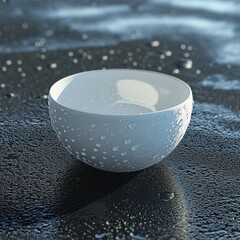 Wall Mural - A white enamel bowl with water drops on a grey background