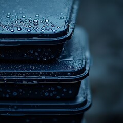 Wall Mural - A black plastic tray filled with water droplets is shown in close-up