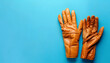 © Oleksiy - Pair of stylish leather gloves on blue background, flat lay. Space for text