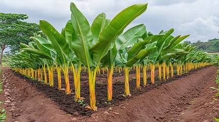 Poster - A field of young banana plants in a row with red soil and a green tree in the background.