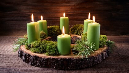 Wall Mural - advent wreath alternative made from a slice of tree four variations of green candles moss and twigs against a dark rustic wooden background with copy space selected focus