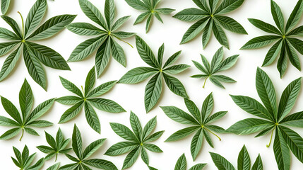 Wall Mural - a flat lay of green leaves arranged in a repeating pattern on a white background.