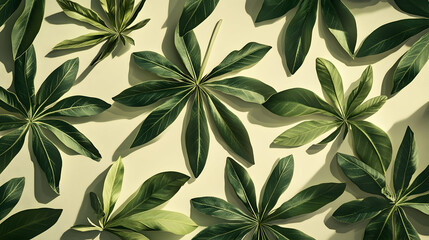 Wall Mural - A flat lay of green tropical leaves arranged in a pattern on a white background. The leaves are casting shadows, creating a sense of depth and texture.