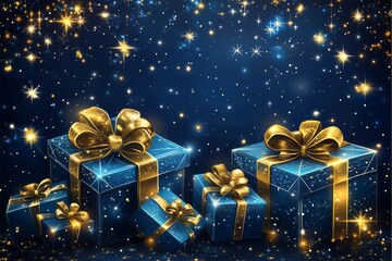 Wall Mural - Blue and Gold Gift Boxes with Sparkling Starry Background