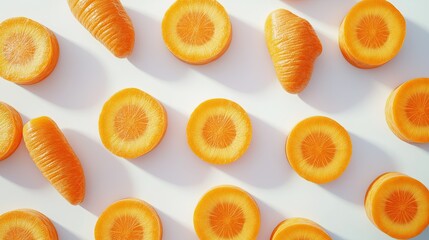 Wall Mural - A flat lay of whole and sliced carrots arranged in a pattern on a white background. (1)