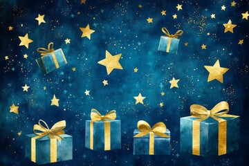 Wall Mural - Blue Gift Boxes with Gold Bows and Stars on a Night Sky Background