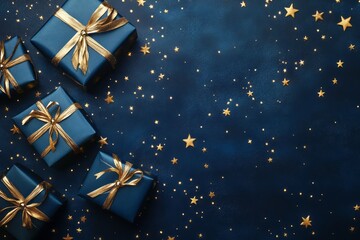 Wall Mural - Blue Gift Boxes with Gold Ribbon and Stars on a Navy Background